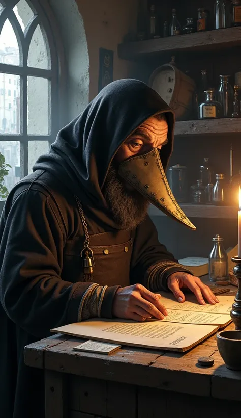 A medieval physician in a plague doctor’s outfit, with a long beaked mask, examines scrolls and texts in a candle-lit room filled with vials, herbs, and primitive medical tools. Around him are scattered drawings of the human body and rough attempts at medi...