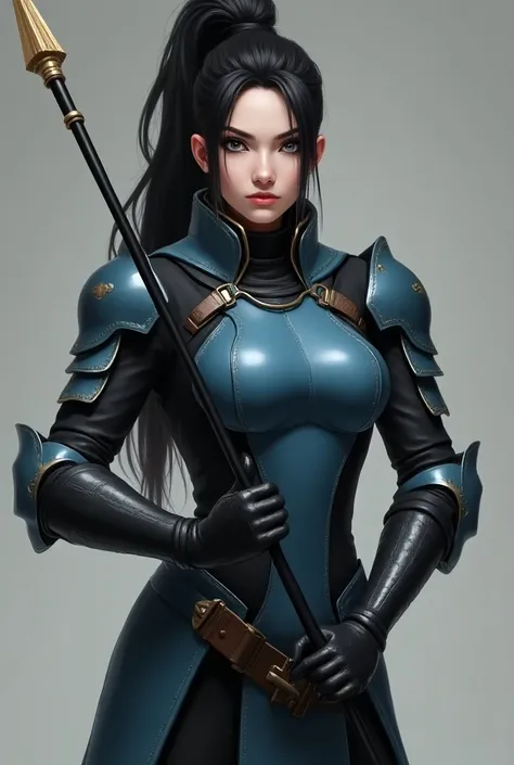 A 20-year-old woman with long black hair tied in a high ponytail, dark eyes, and a serious expression. She is wearing a form-fitting armor that is a sleek combination of blue and black, with black boots and matching black gloves. She is holding a spear in ...