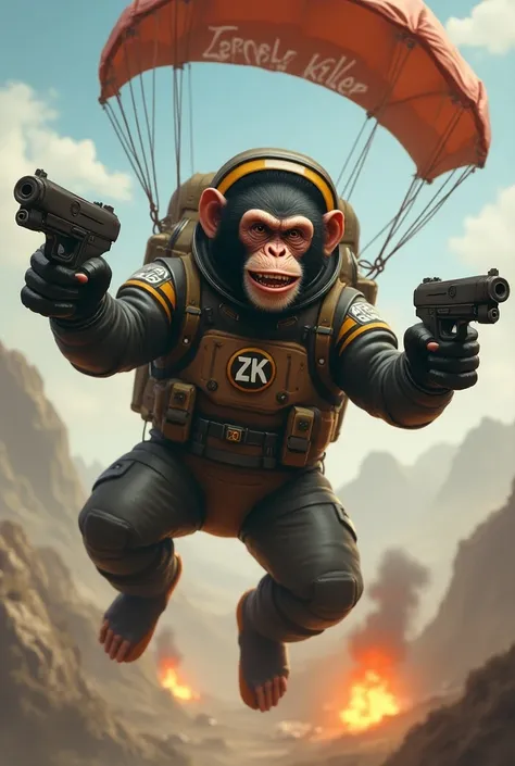 Chimpanzee astronaut with an angry expression laughing with two futuristic assault machine guns, with a round logo with the letters ZK on clothing  , falling with an open parachute , with a zeppelin with the words Zeppelin Killer written on the side flying...