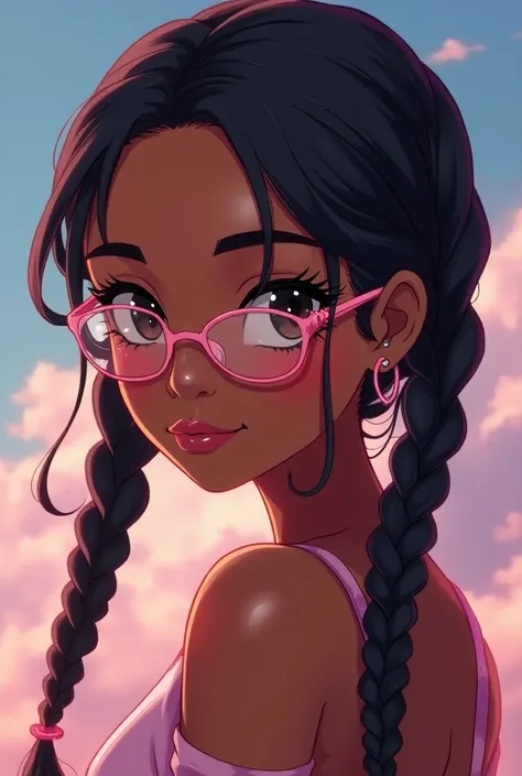 Black female anime with braid and pink glasses 