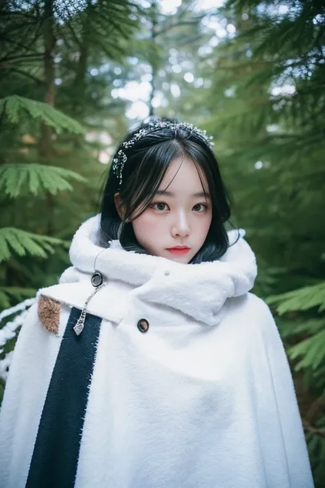 eskimo girl, On the shoulders is a winter cape with a hood, black hair, Part of the hair is gathered and decorated with hairpins, In an icy forest next to a white fox.