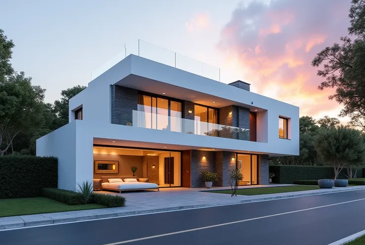 a villa ,  minimalist style with white walls and gray stone walls as the main material,  villa located in the city ,  in front of the villa is a street with wide sidewalks ,  light lcus sunset ,  Clear sky ,  warm light emanating from inside the house ,  e...