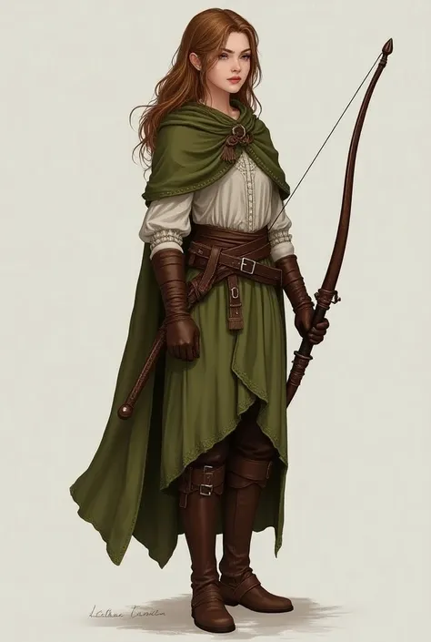 Huntress girl light brown hair, wearing an olive green asymmetrical medieval-style skirt, brown knee-high boots, and a white blouse has a short olive-green shawl with intricate details in the fabric. brown gloves and a bow, ready for battle. clothing and boots have detailed textures for high-definition representation.

