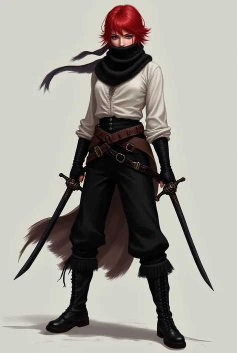 A thief gilr with short scarlet red hair, dressed in black medieval-style pants, black boots, and a white blouse. black and brown scarf that covers part of her mouth and carries two black daggers with red accents. Ensure sharp details in the daggers and scarf for a high-definition look.



