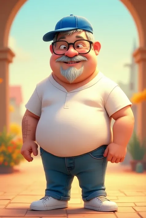 Pixar-like drawing of a thick-textured young man,high, white, with blue cap , with glasses and a short beard , dressed in jean and white shirt and tennis converse
