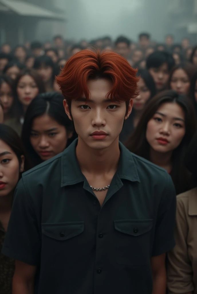 Create the image of a 23-year-old male K-pop idol with brown skin, honey eyes, dark red hair, with an insecure expression and several people in the background looking and commenting  