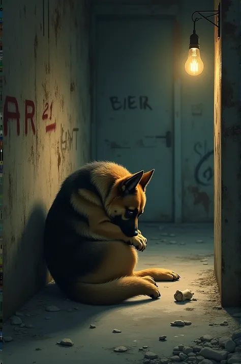 A dejected German Shepherd, head between its paws, stands in an abandoned warehouse covered in rust and graffiti. A single flickering lightbulb casts long shadows on the dog, who is curled up in a ball, his eyes filled with sadness and fear. A gnawed bone ...