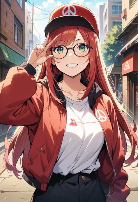 looking up:1.3,  peace sign,One woman, ((masterpiece)), ((Perfect Face))、Blushed、Mischievous Smile、Green Eyes、Red Hair、Long Hair、Wear larger clothes、 jacket、 anime illustration、Realistic Background、anatomical fingers、Golden Ratio, Wear a baseball cap, Glas...