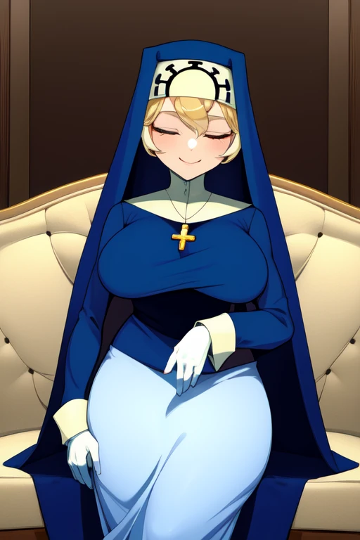 Double, short blonde hair, nun uniform, medium breasts, solo, 1girl, smiling, cowboy shot, closed eyes, 
 blue habit, cross necklace ,white gloves, long sleeves, nun, long skirt
(insanely detailed, beautiful detailed face,beautiful detailed eyes, masterpie...