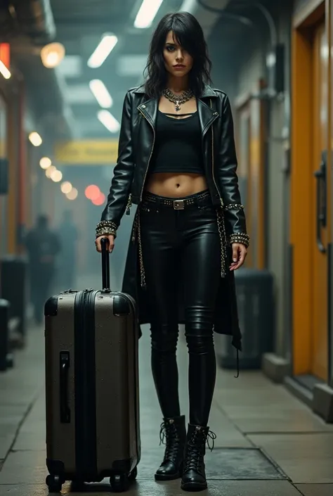 Very powerful woman with rock style showing off travel suitcase
