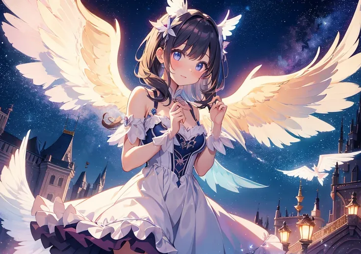 A girl with glowing wings flies through the night sky in a Disney princess-style dress, with fluffy stars all around her