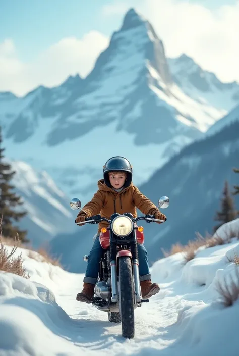 A boy on bike in front of snow mountain on royal Enfield hunter 350 bike wl