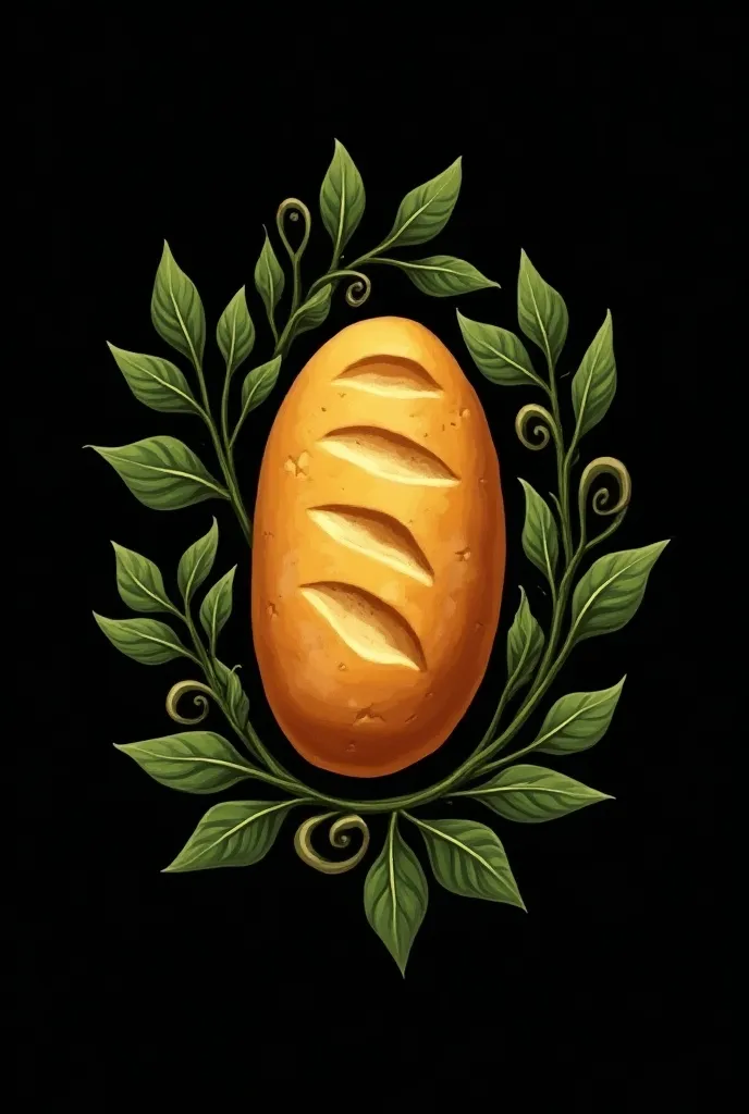     Vector Art Logo of Exquisite Golden Yellow Bread，Illustration of leaves and green 詳細 vines on the side,  Illustration Style Retro Style Black Background .Logo Vector Art Type , Detailed Fine Art , Beautiful artistic rendering