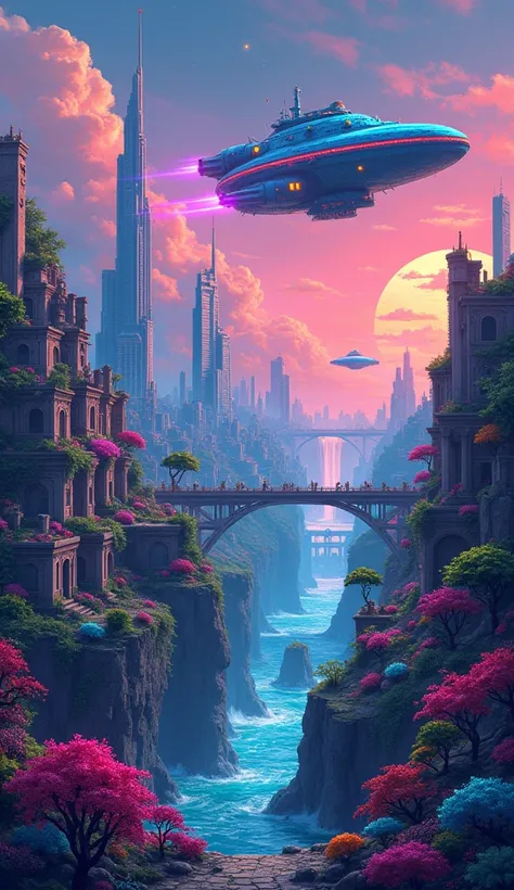  A cyberpunk city with fantastic colors ,  Retro video game scenes drawn in pixel art style, A spaceship that sails through a digital ocean ,  Futuristic creatures composed of colorful pixels ,  A mysterious forest where the boundary between reality and di...