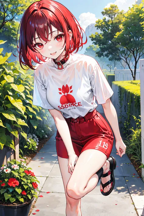 158cm,18 years old,  short hair with a slight reddish tinge,Red eyes, slim,cute,girl,1 person,garden,Casual attire,Running,   ATTENTION TO DETAILS ,Super detailed,   ultra-fine ,   textured skin ,smile