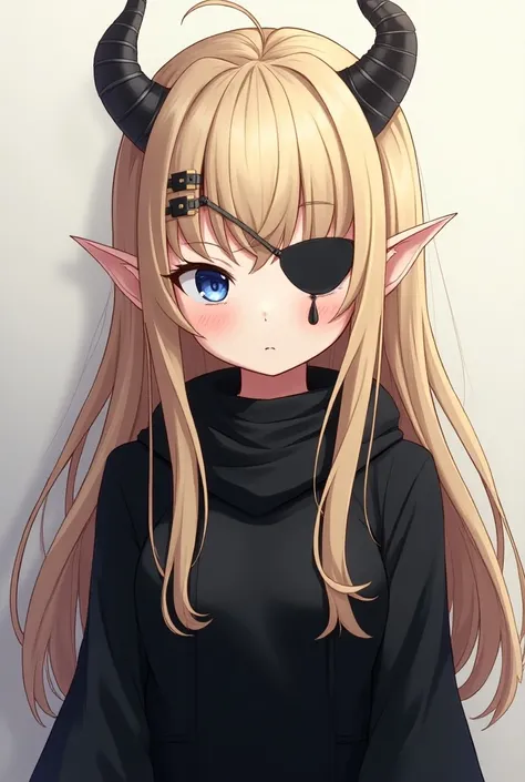 1 girl,  long hair , Blonde hair,  with blue eyes,With eye patch , Anime with horns and an elfs ear, in black clothes
