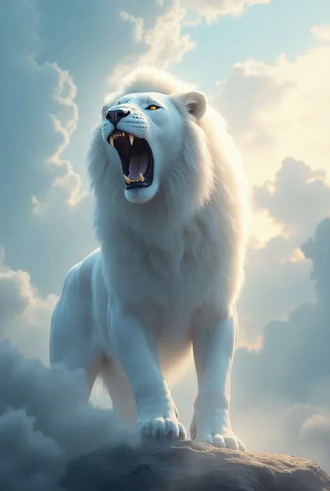 a white lion roaring in the sky