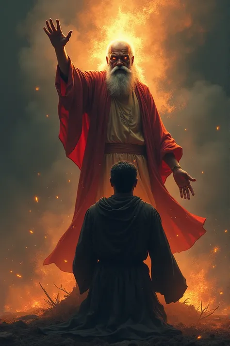 "The guru, with anger in his eyes, raises his hand to curse the disciple. The background darkens slightly, and the atmosphere becomes intense, reflecting the emotional weight of the moment."