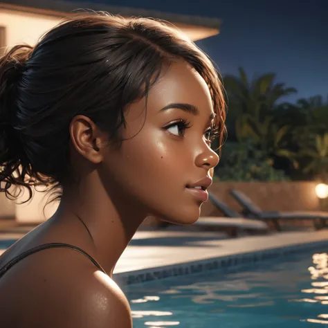 Ultra-realistic, ultra-detailed, photo-accurate, humorous, fun, cinematic lighting, poolside, one girl, An attractive black woman with many moles on her upper body, profile, face and entire body.