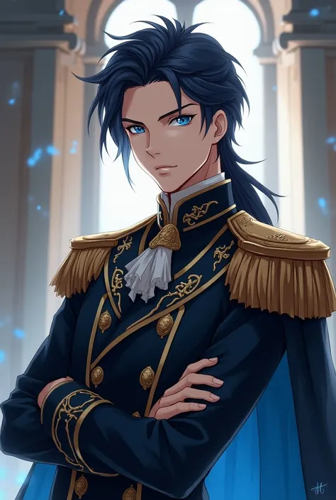 Long hair guy with long jawline, in a prince uniform, with blue eyes animr style
