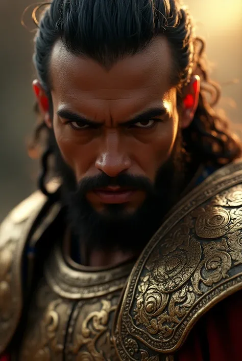 A very clear ultra HD dynamic image off "A close-up of Mahabharata Karn, wearing armor, with a fierce expression, preparing for battle, symbolizing courage and valor"