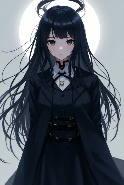 1Girl, Anime, Black Hair, Long Hair, Black Eye, Halo, Long Skirt, Jacket, Bondage