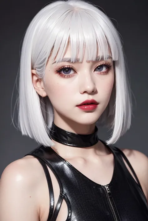 girl with white hair, With bangs, dark brown eyes, Dark makeup, lipstick