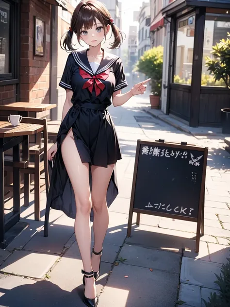 1girl, (masterpiece, best quality, highest quality, Full Body Shot, Including face:1.5), 4K, masterpiece, ((Focus on the face)),Beautiful woman, (slender:1.5), ((High heels, black pantyhose, anklet)),(Sailor suit,:1.8), (Age 25,Adult women), (Troubled face...