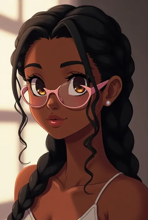 Black female anime with thick box braids with pink glasses and brown eyes