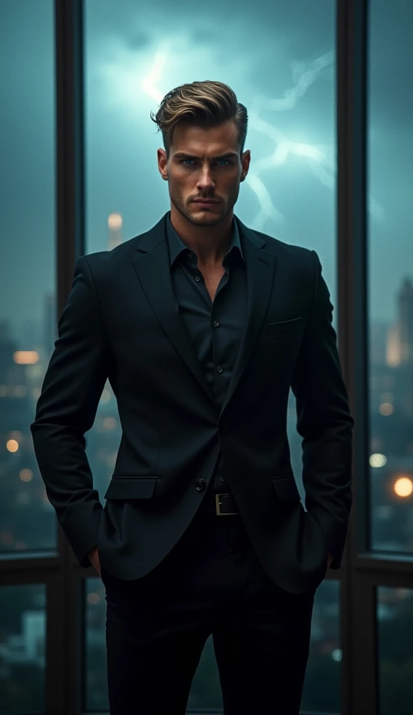 Man, 32 years old, dark blond hair. black suite. medium length hair. undercut. stands in front of the panoramic window. night. thunderstorm rain lightning chicago. looks into camera. blue eyes. realistic photo. american bad boy. whole body visible