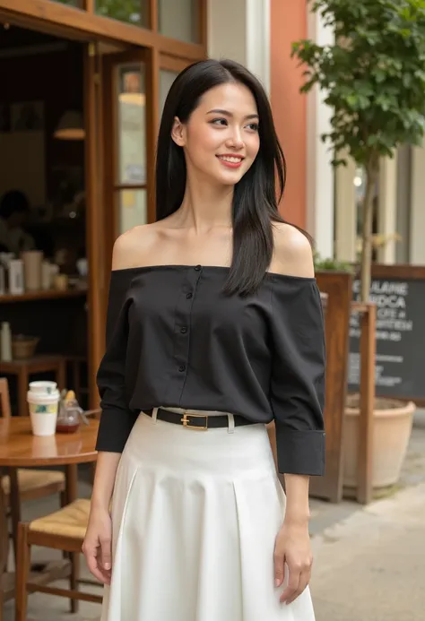 photography, model shoot, cowboy shot of a woman wearing a black off shoulder shirt and white skirt standing outside a cafe, she is posing, she has pretty lipstick, she is smiling, bright color, day light