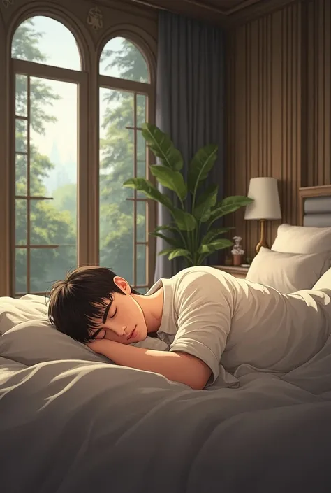 HD, (anime style, manhua: 1.5), a young man, is sleeping on the bed, far view, in the bed room , ultra-wide shot, ultra-wide angles, see full body