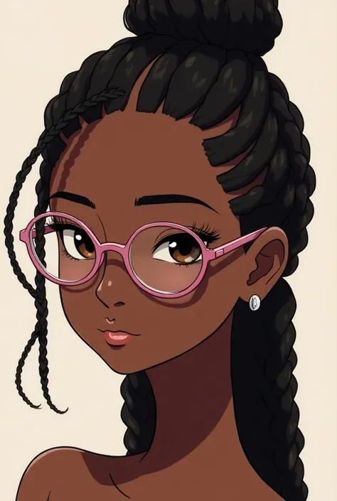 Black female anime with thin box braids with pink glasses and brown eyes