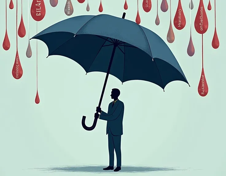 "Illustrate a teacher holding a large, sturdy navy-blue umbrella,  that represents the protection of the union . over it,  stylized drops fall that carry words such as conservative media , employer sector ,  and negative campaign .  The umbrella blocking t...