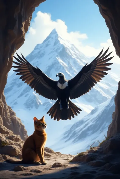 A very large Andean condor spreading its wings at the mouth of a hole in the snowy Illimani seen from inside and next to it a crisado brown cat