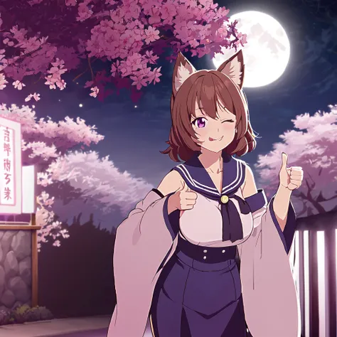 solo, detached sleeves, middle aged woman with long brown hair with black stripes, developed body, nice curves, mature blue sailor uniform, wolf ears, red grey skirt, medium breasts, giving a thumbs up, wink, purple eyes, moon, night time, under a sakura t...