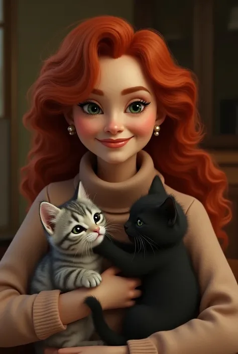 Create an image of an adult lady over 60 with voluminous red hair with 2 kittens: A 3-month-old gray and a 2-month-old black 