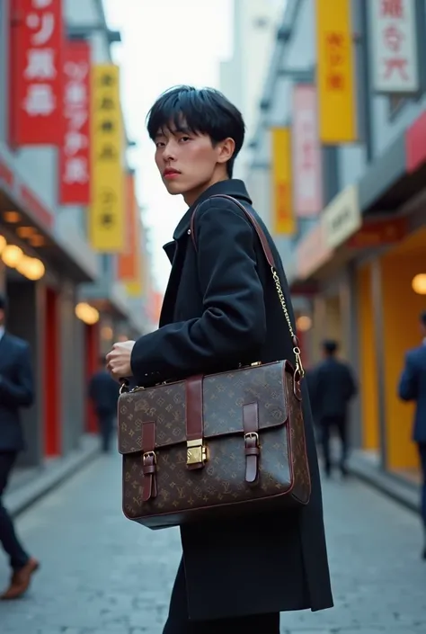 Hyperrealism，korean man handsome Black bang hair, short hair, A vibrant low-angle shot of a luxury Louis Vuitton messenger bag designed for documents, sharply in focus, as a handsome model walks confidently down a bustling Walking Street. The camera emphas...