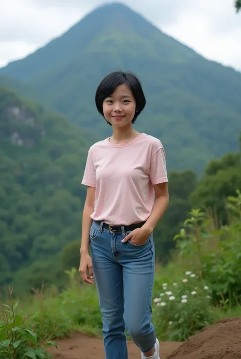 Real human Fika is a young woman with   short   pixie cut  black hair and fair skin. She has well-defined eyebrows, large brown eyes, and a neutral expression on her face. She is wearing a plain light pink t-shirt and blue jeans pant, white sports shoes
Sh...