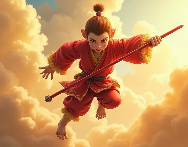 Sun Wukong、（（Monkey Warrior））、Full body image、 Red Top and Bottom Clothes 、 Has the Red Stick Nyoibō、Fly around on small yellow clouds、 realistic texture 、High image quality、Realistic、RAW Photos