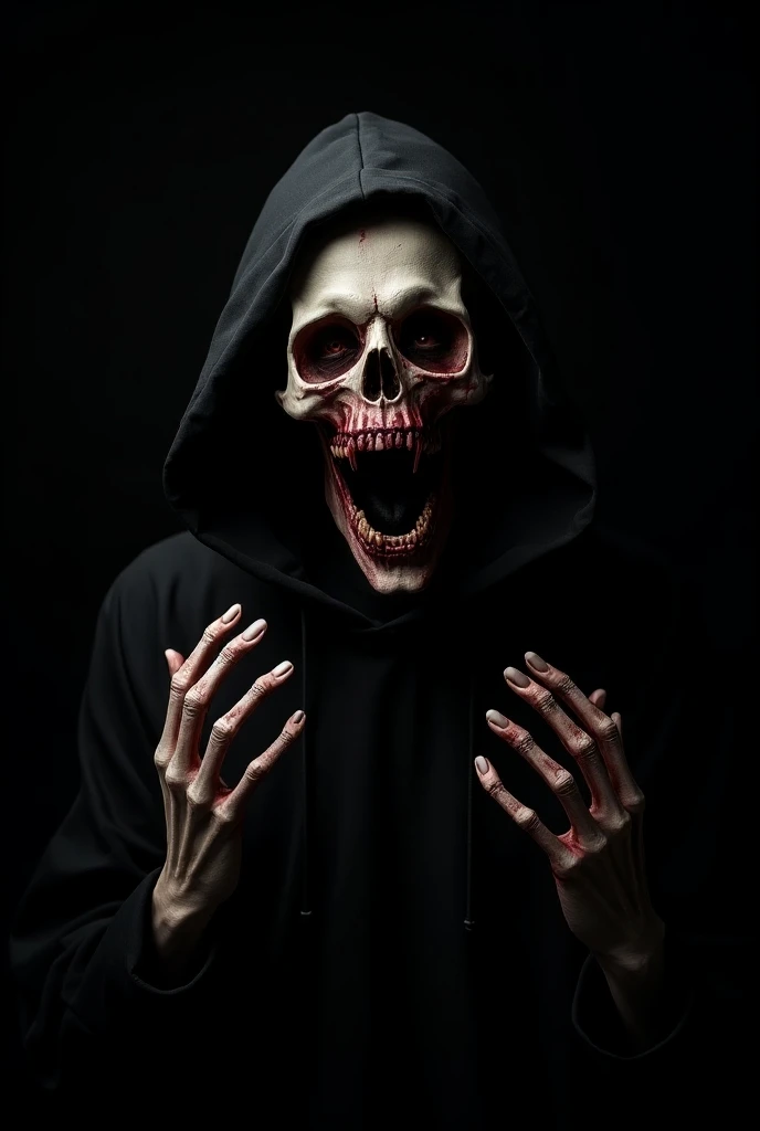 Close up,  skull ghost wearing a black hoodie, , one big eye, mouth and eyes, blood sloth  , Fearful look. Raise your hands pointing your fingers in front.  ,black background