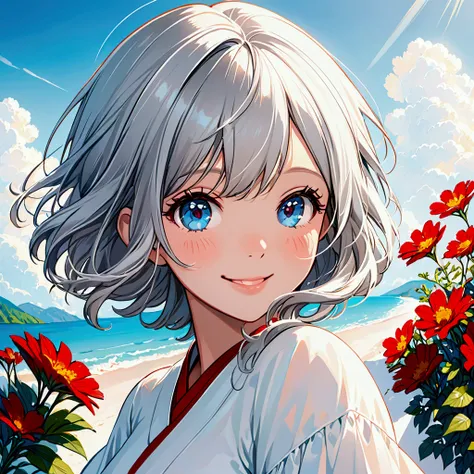 Cute girl with silver hair,smile,Medium Hair,2.5D,Illustration