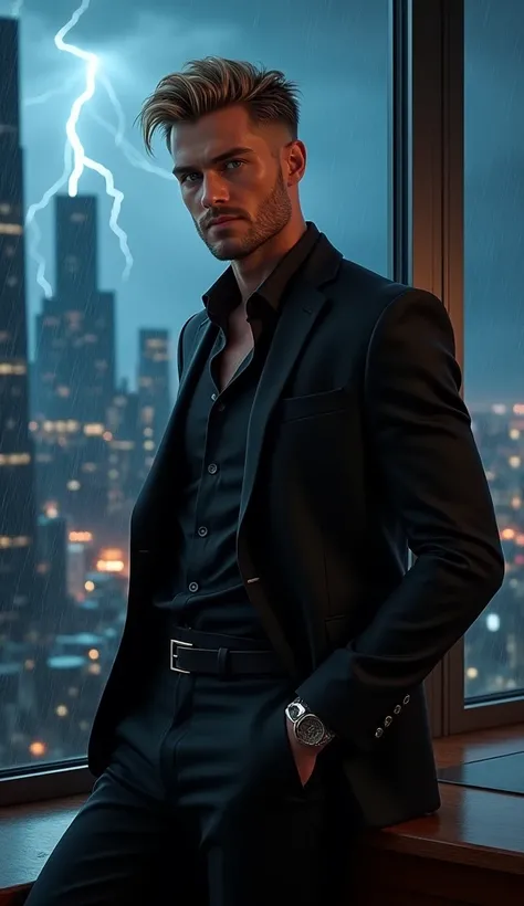 Man, 32 years old, dark blond hair. black suite. medium length hair. undercut. stands in front of the panoramic window. leans on desk. night. thunderstorm rain lightning chicago. looks into camera. blue eyes. realistic photo. american bad boy. whole body v...