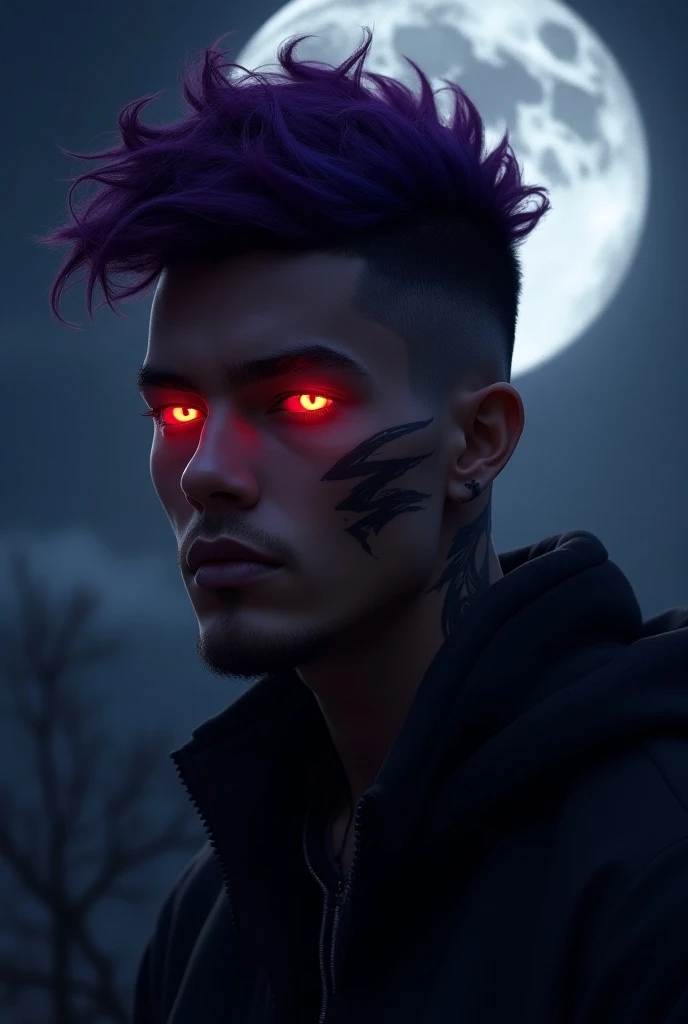  Red eyes howling in the moon  good looking Handsome Dominican lightskin male with purple , and blue , and purple curly fade hair, with clean shave face, ‘ZIDAR’ with tribal design on the side, low drop fade, lineup & jawline, tattoos washing his face 