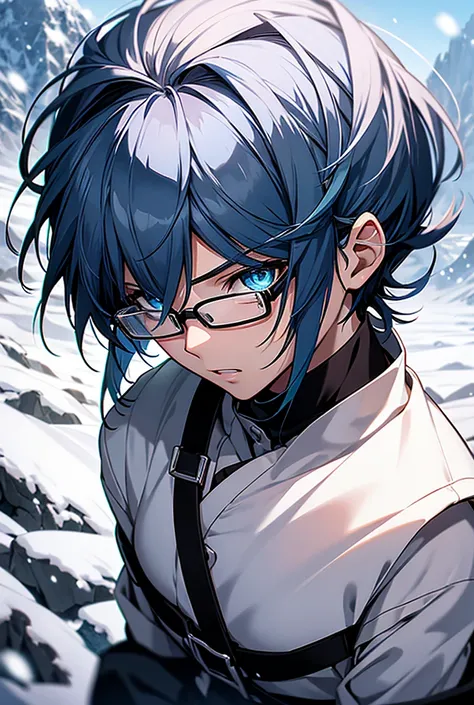 men, anime, beautiful, black hair, blue hair, Teeth, detail,  Better quality, short hair, blue eyes, Rice, Lazy, EXPRESSIONS, snow background, Descending a Mountain , bottom view, lateral,  ribbon in hair, with glasses,  Blue Hair Ribbon,  Lines of Motion ...