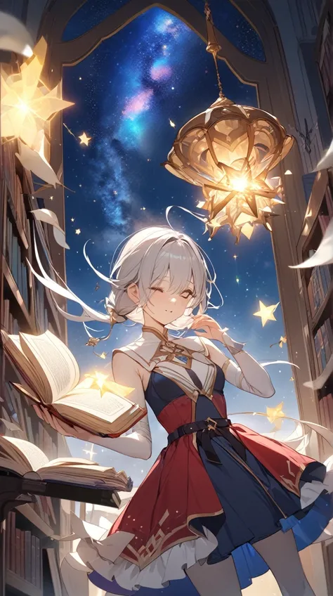  One Girl Mage 、Graceful pose、 Holds a book of magic in her hand、 Flying Through the Sky 、 White Porcelain Skin 、Small breasts、  
break、  
Starry Sky、(Twinkling Stars々:1.3)、 fantastic colors 、Magic Light、 Dreamy Atmosphere 、  
break、  
Library in the Air 、...