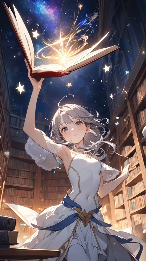  One Girl Mage 、Graceful pose、 Holds a book of magic in her hand、 Flying Through the Sky 、 White Porcelain Skin 、Small breasts、  
break、  
Starry Sky、(Twinkling Stars々:1.3)、 fantastic colors 、Magic Light、 Dreamy Atmosphere 、  
break、  
Library in the Air 、...