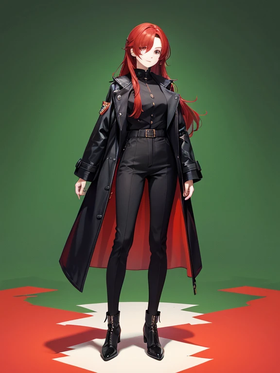 1lady,scar on face,black coat,red hair,long hair,full body,green background