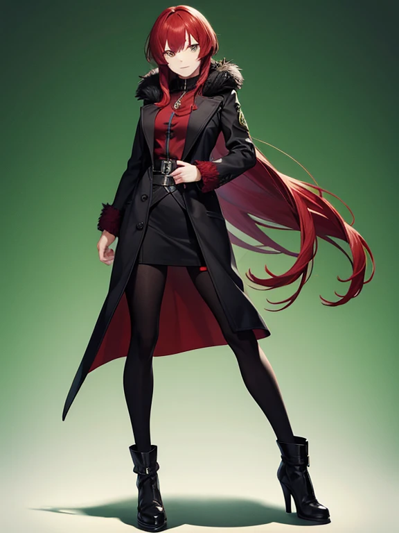 1lady,scar on face,black coat,red hair,long hair,full body,green background