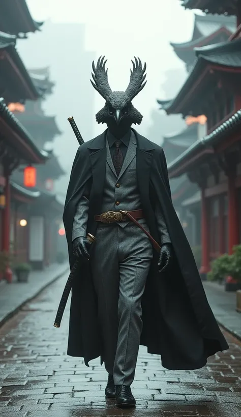 Imagine a humanoid samurai ,  whose head is that of an imposing Oriental Imperial Eagle . his outfit is inspired by early 20th century British street fashion, specifically the 1920s,  wearing an elegant gray suit with details of traditional Japanese tailor...